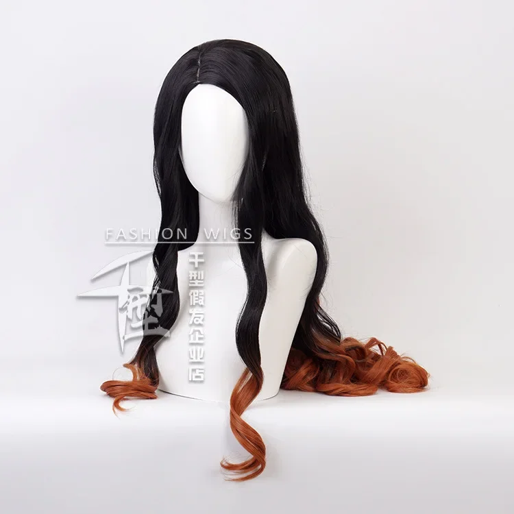 Japanse Anime Kamado Nezuko Cosplay Pruik Lang Zwart Oranje Gradiënt Krullend Pruiken Vrouw Comic-con Prestaties Kostuum Accessoires