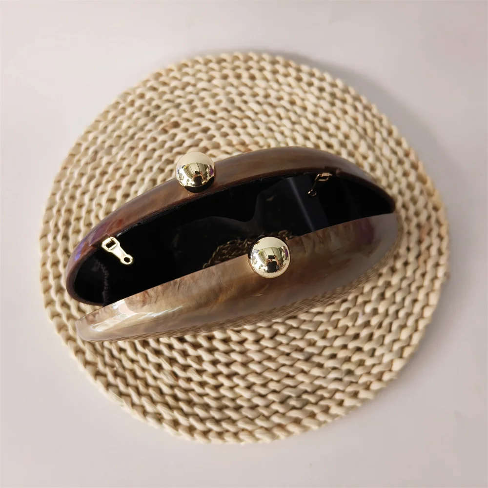 Irregular Dumpling Solid Brown Coffee Acrylic Box Clutches Beaded Handle Purse Bags Women Shoulder Evening Beach Party Handbag