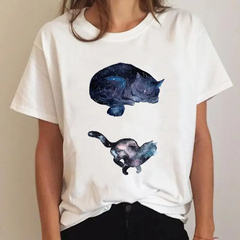 Women Galaxy Starry Cat Print T‑Shirt Crew Neck Short Sleeve Casual Loose Daily Fashion Ladies Summer Tops