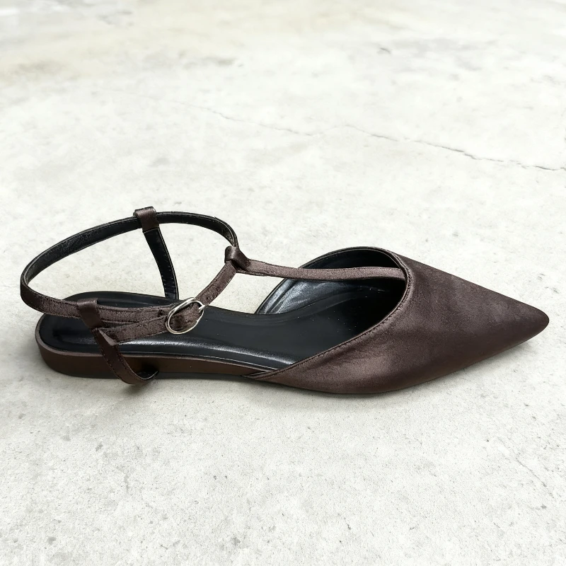 

Women's Brown Satin Slingback Flats Pointed Toe Shoes, Elegant Ankle Strap Dress Shoes for Party Wedding & Daily Wear