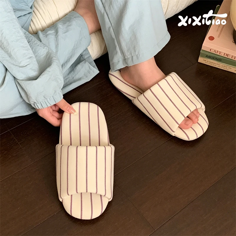 XIXITIAO Stripe Indoor Slippers Women Men Four Seasons Couples Home Flat Floor Slippers Open-Toe Soft Light Cotton Shoes Unisex