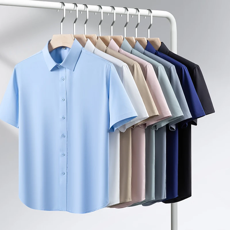 Modal elastic summer short sleeve shirts for men slim fit formal shirt soft Acetate business solid color elegant white clothes