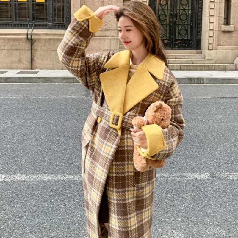 Temperament Plaid Patchwork Women Woolen Coat Winter Female High Sense Thicken Warm Outwear Long Below The Knee Fashion Outcoat