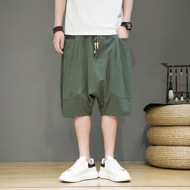 2024 New Summer Men Harajuku Harem Shorts Retro Chinese Style Cotton Linen Short Joggers Man Solid Loose Large SizeTrousers