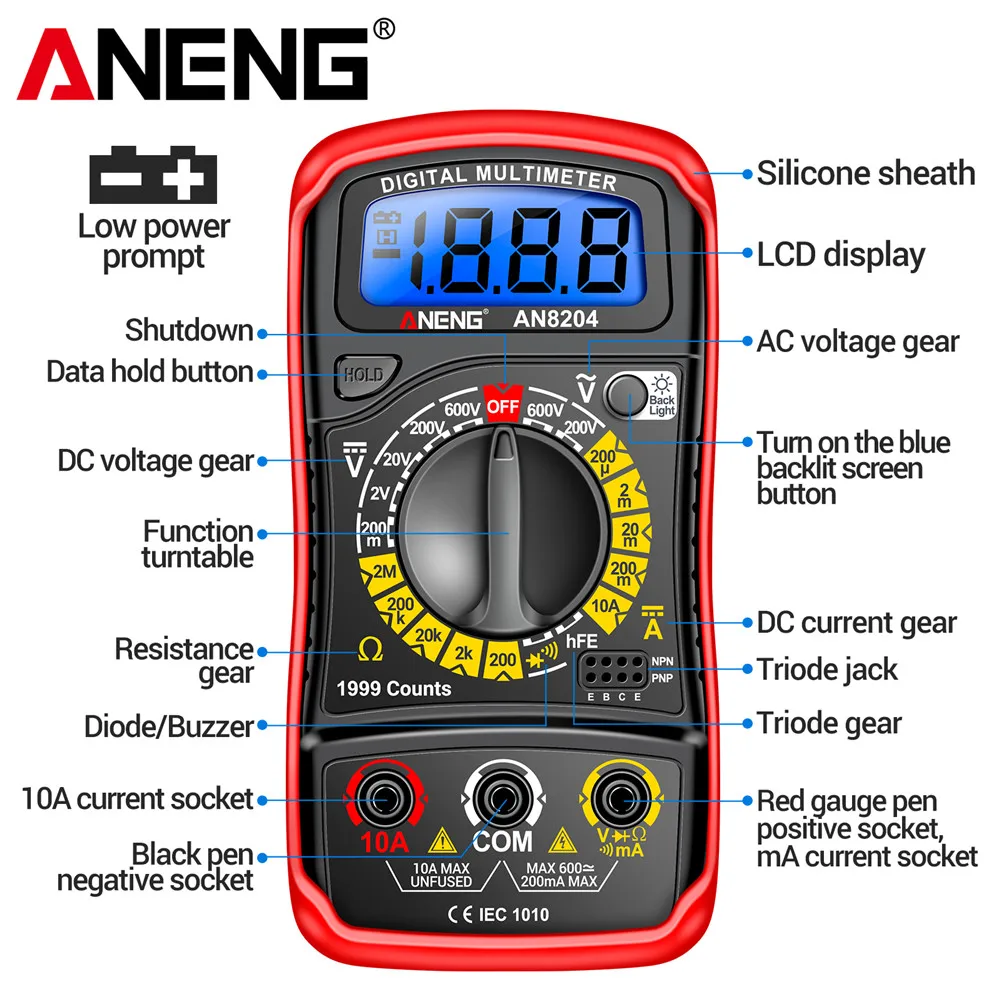 Multifunctional Test Tools 1999 Counts Digital High Precision ANENG AN8204 Multimeter AC/DC Voltage DC Current hFE Triode Buzzer