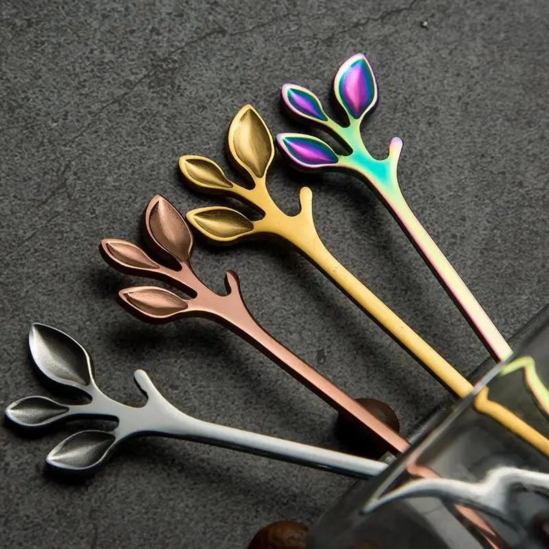 

Creative Stainless Steel Leaves Spoon Fruit Fork Coffee Spoon Dessert Ice Cream Scoop Kitchen Accessories Tableware Decoration