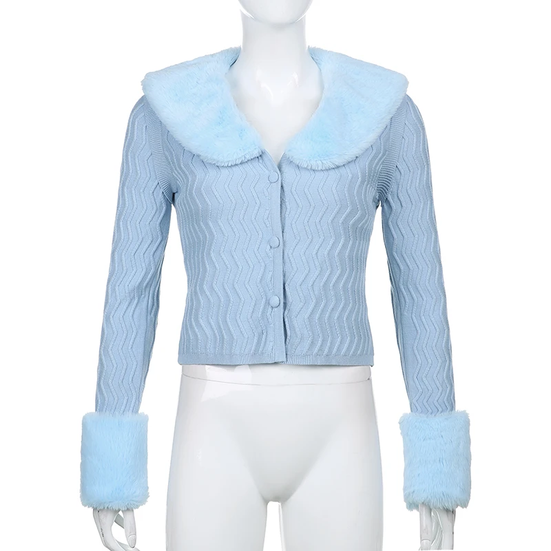 Autumn and Winter Fashion Chic Faux Fur Plush Collar Cardigan Women Sweater Elegant Patchwork Furry Coat Ladies Knitted Sweater