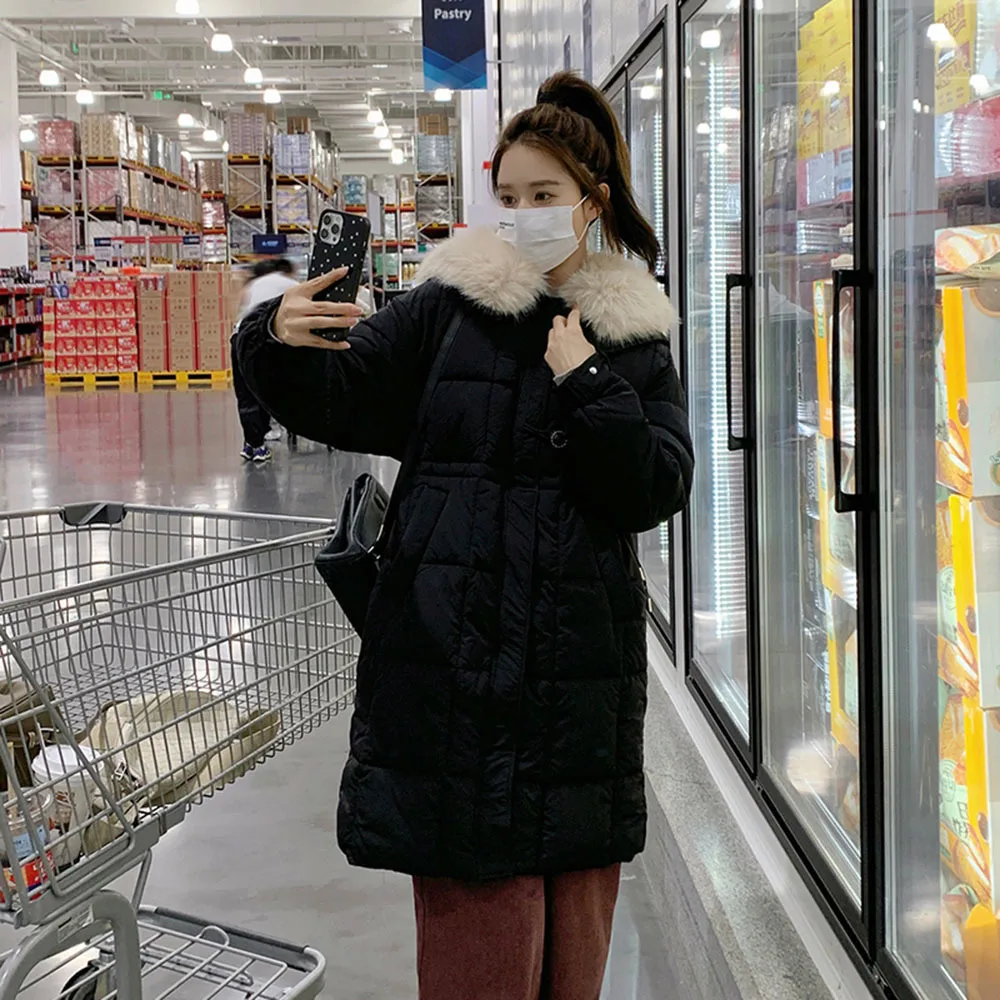 2023 Winter Faux Pelz Kragen Unten Jacke Für Frauen Mid-Länge Verdicken Puffer Mantel Weibliche Herbst Warme Parka Baumwolle gefütterte Outwears