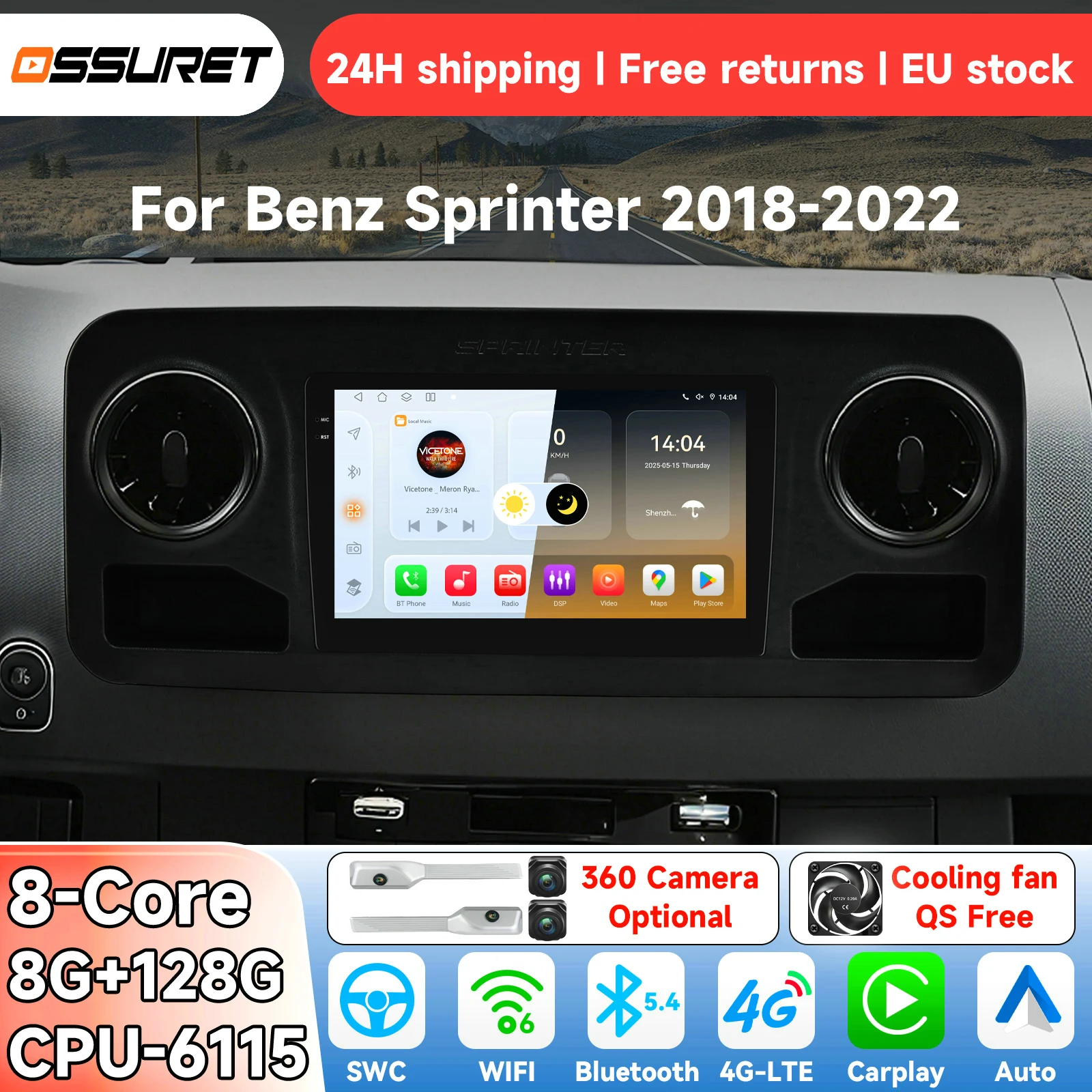 OSSURET AI Android14 Autoradio per Benz Sprinter 2018-2022 Sistema Intelligente Carplay Lettore Multimediale Video GPS 4G 6115