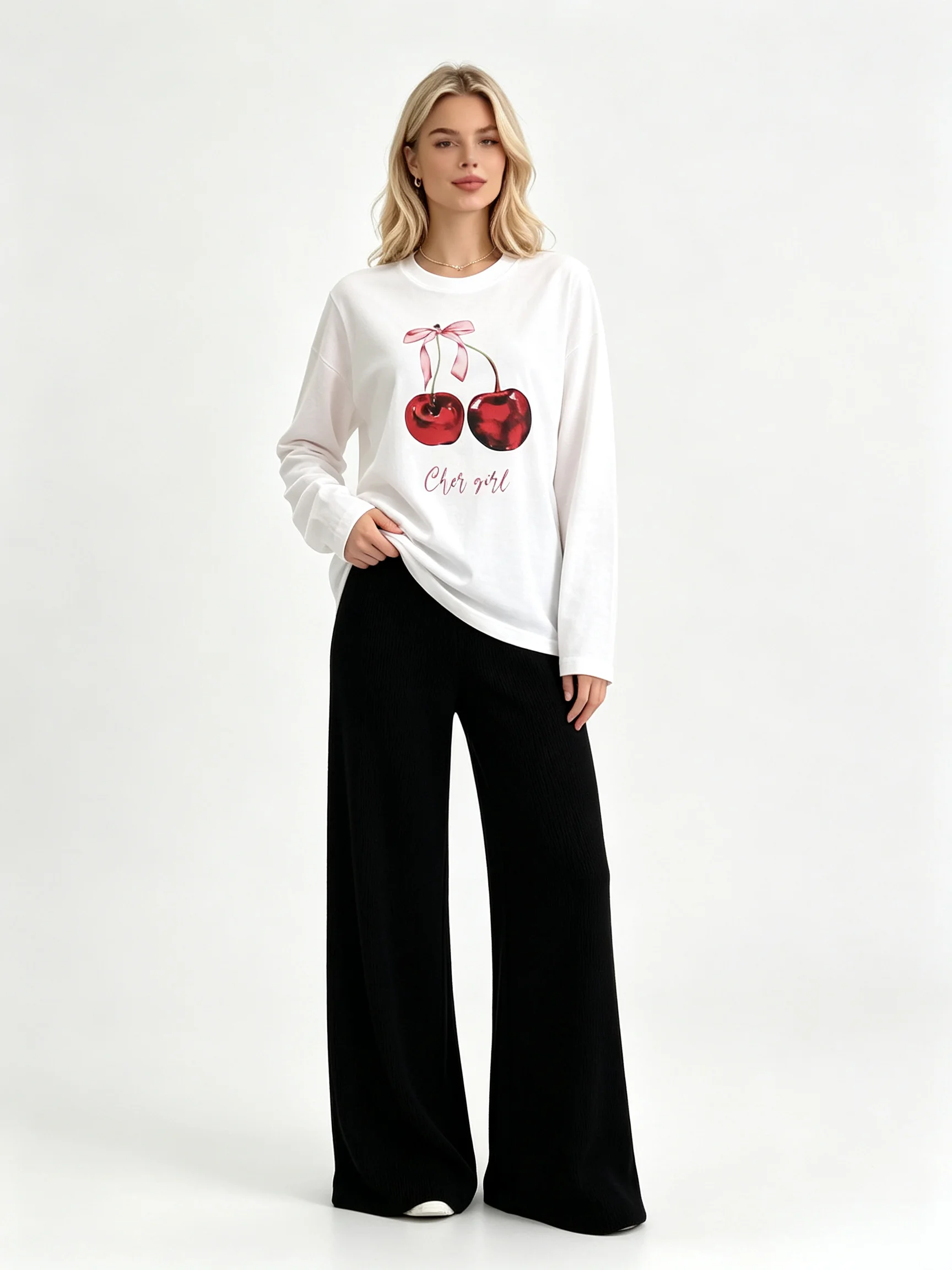 Sumuyoo Women's Round Neck Long Sleeved T-shirt with Cute Cherry Bow Print Casual Basic T-shirt Suitable for Daily Street Wear