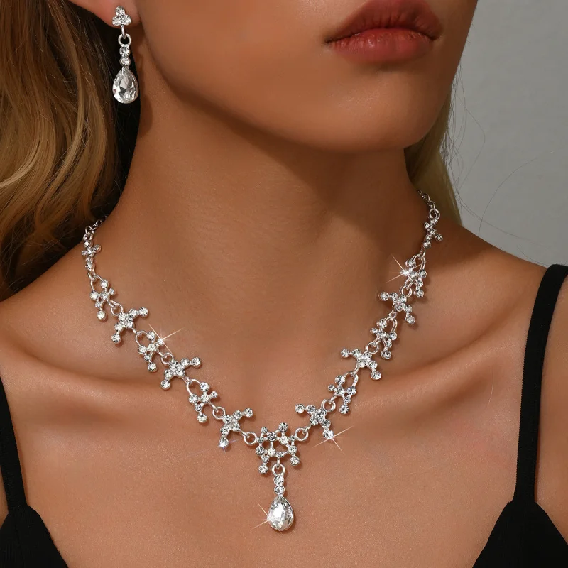

European and American New Cross-Border Two-Piece Set Wedding Season Necklace Earrings Korean Style Super Fairy Wedding Dress Ver