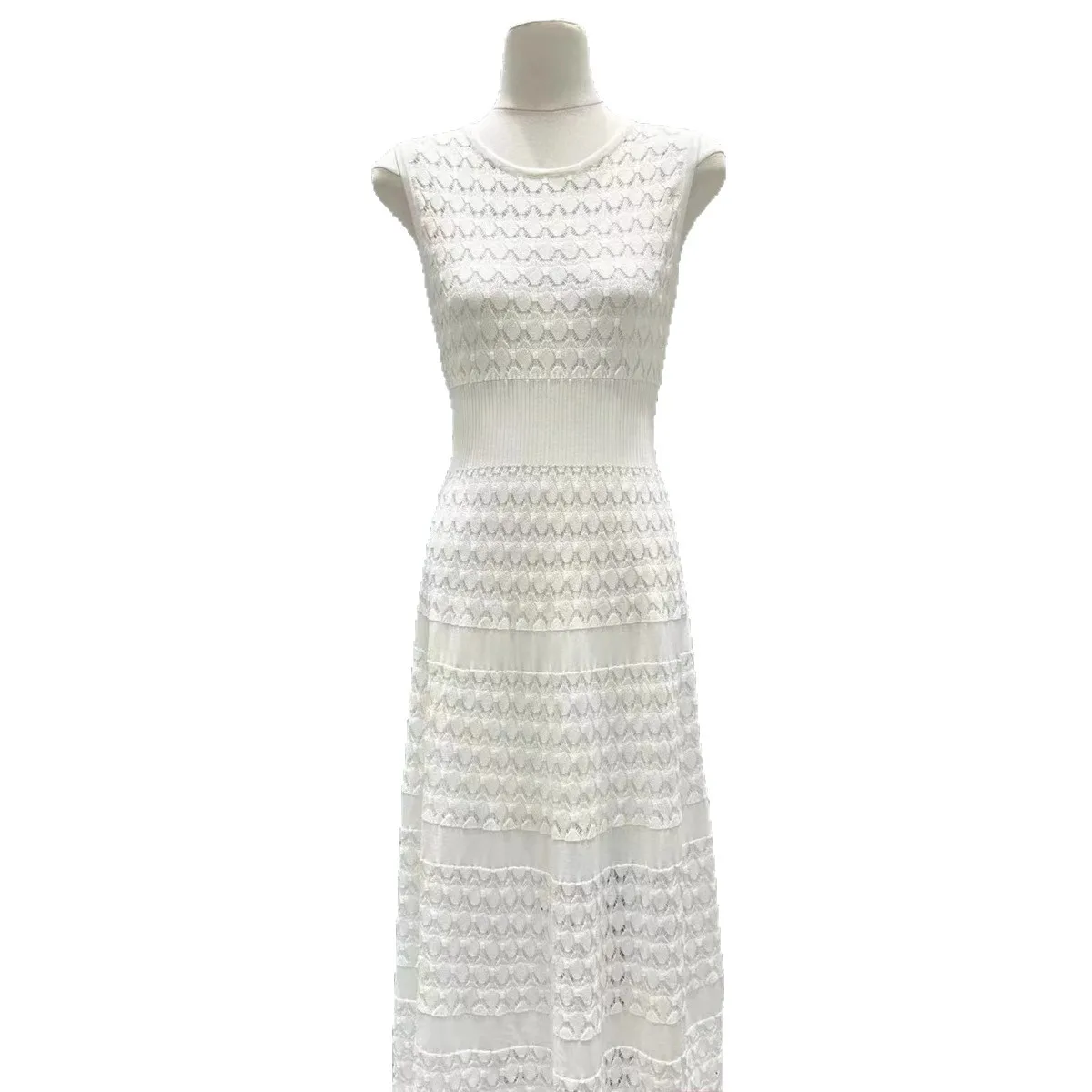 女性ブルーラウンドネックニットドレスノースリーブハイウエストフェスティバルパーティーミディローブ