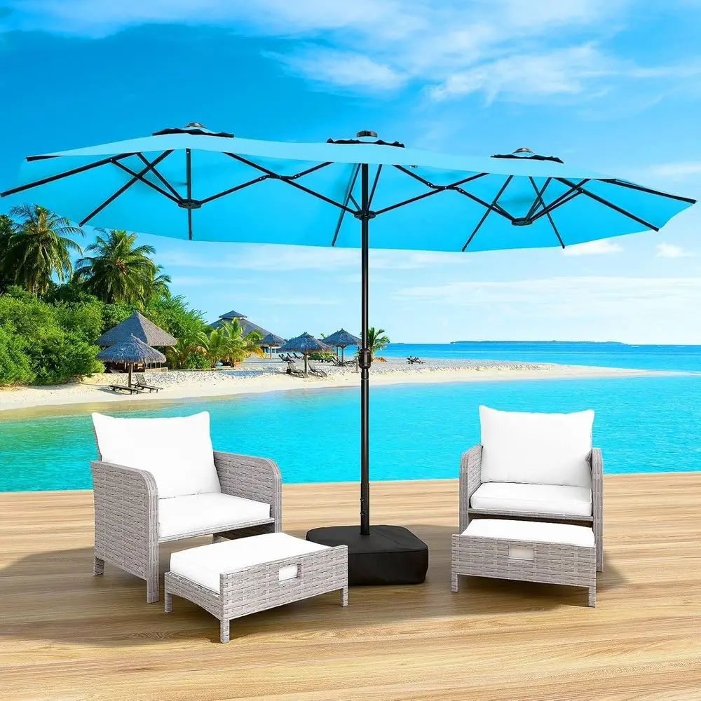 

15ft Rectangle Patio Umbrella with Base and LED Lights - Double-Sided