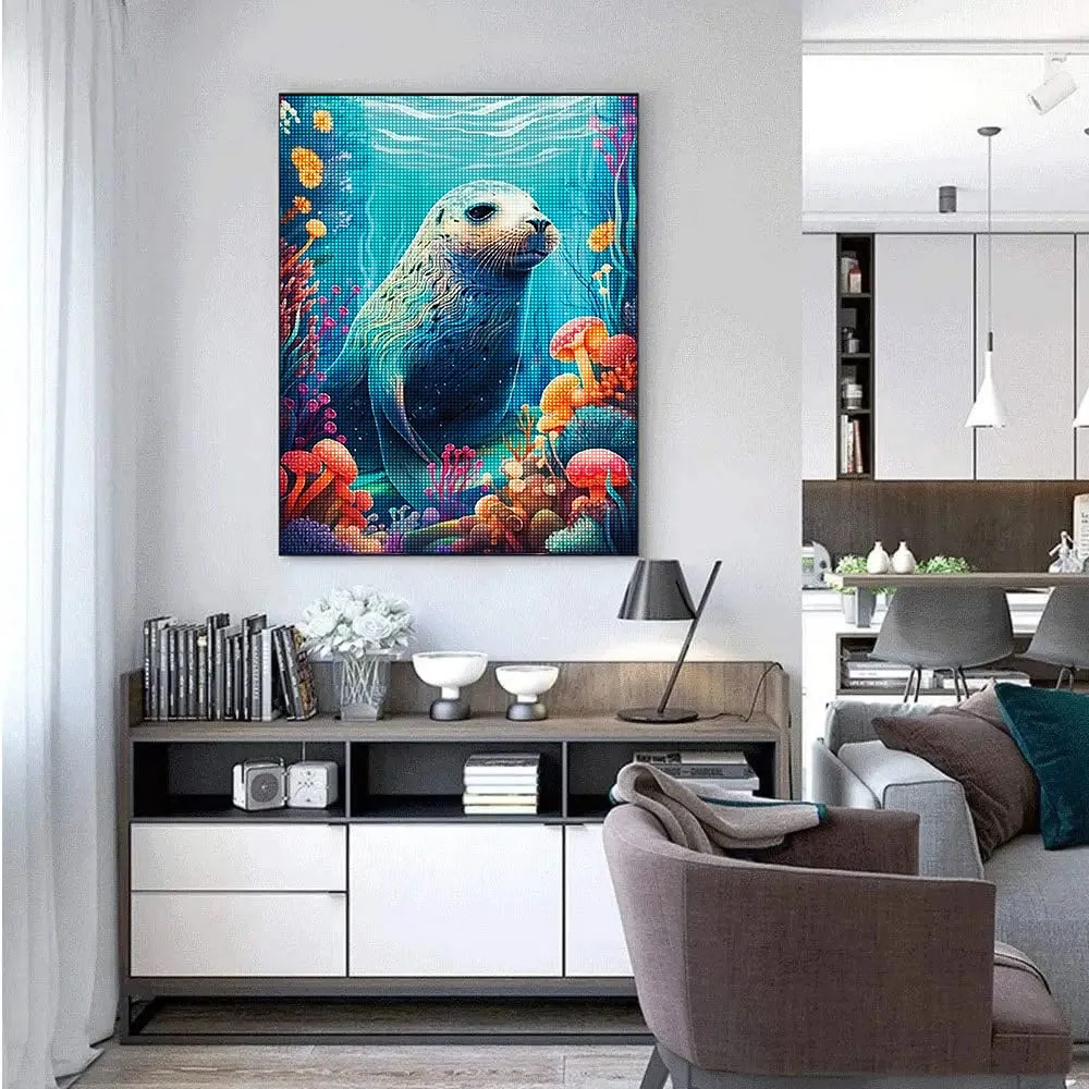 DIY Diamond Painting of Underwater World, Sharks Sea Lions, Turtles Cross Stitch Kit, Full Round Acrylic Diamond Embroidery, 5D