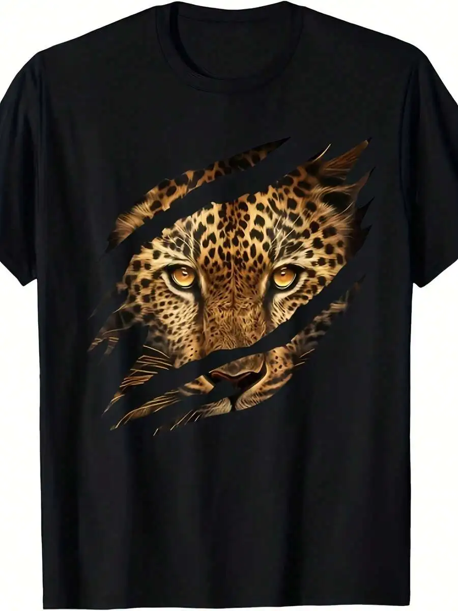 

Leopard Face Graphic T-Shirt For Men Women Black Cotton Crew Neck Casual