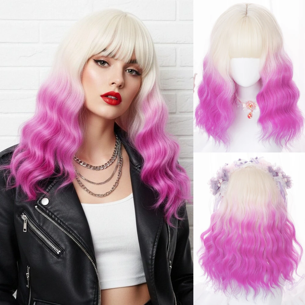 

Розовый омбре-блонд, короткий волнистый синтетический парик с челкой, термостойкий, для женщин, для повседневной носки и вечеринок в честь Хэллоуина