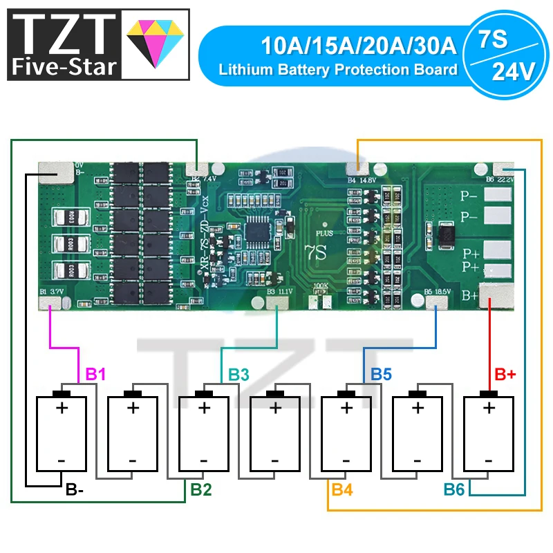 BMS 7S 24V 10A 15A 20A 30A Li-ion 18650 Battery Charge Board With Balance Function Short Circuit / Temperature Protection