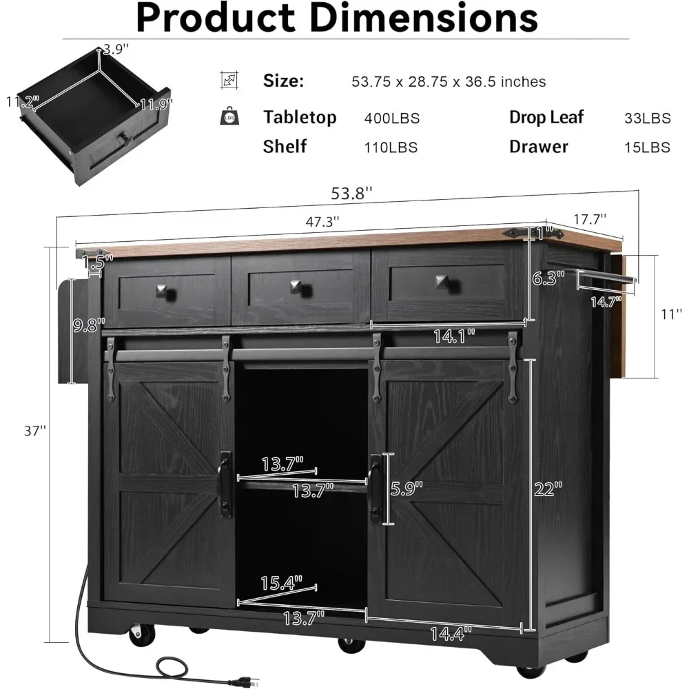 Farmhouse Kitchen Island on Wheels with Drop Leaf & Power Outlet, Rolling Storage Island Cart with Drawers