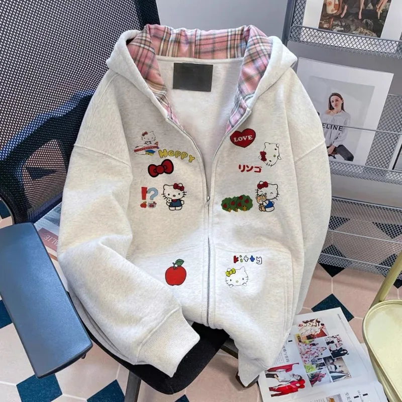 

Ins Style Hellokitty Stitching Contrasting Plaid Soft Sweatshirt Girl Student Autumn and Winter Design Cute Hooded Coat Cardigan