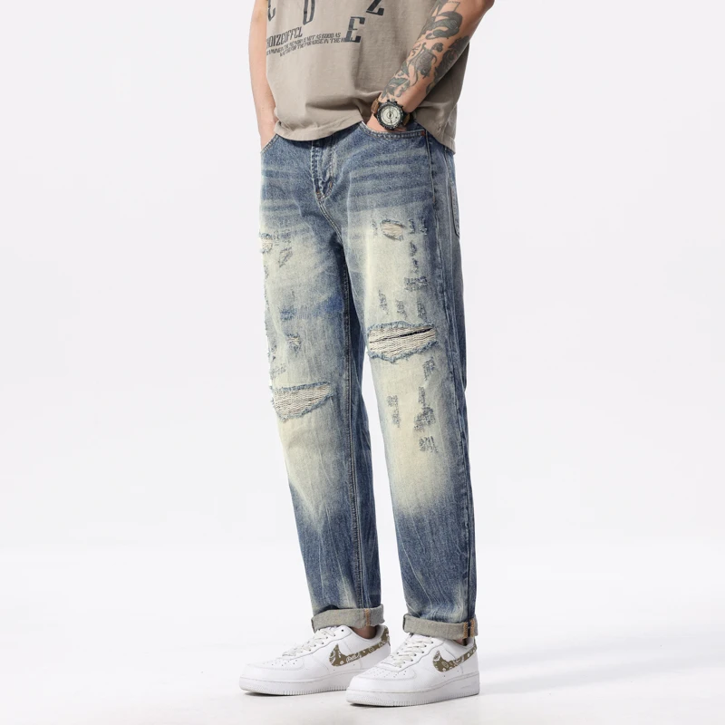 

BYCL912 American tide embroidery retro wash holes patched beggar jeans men loose straight pants