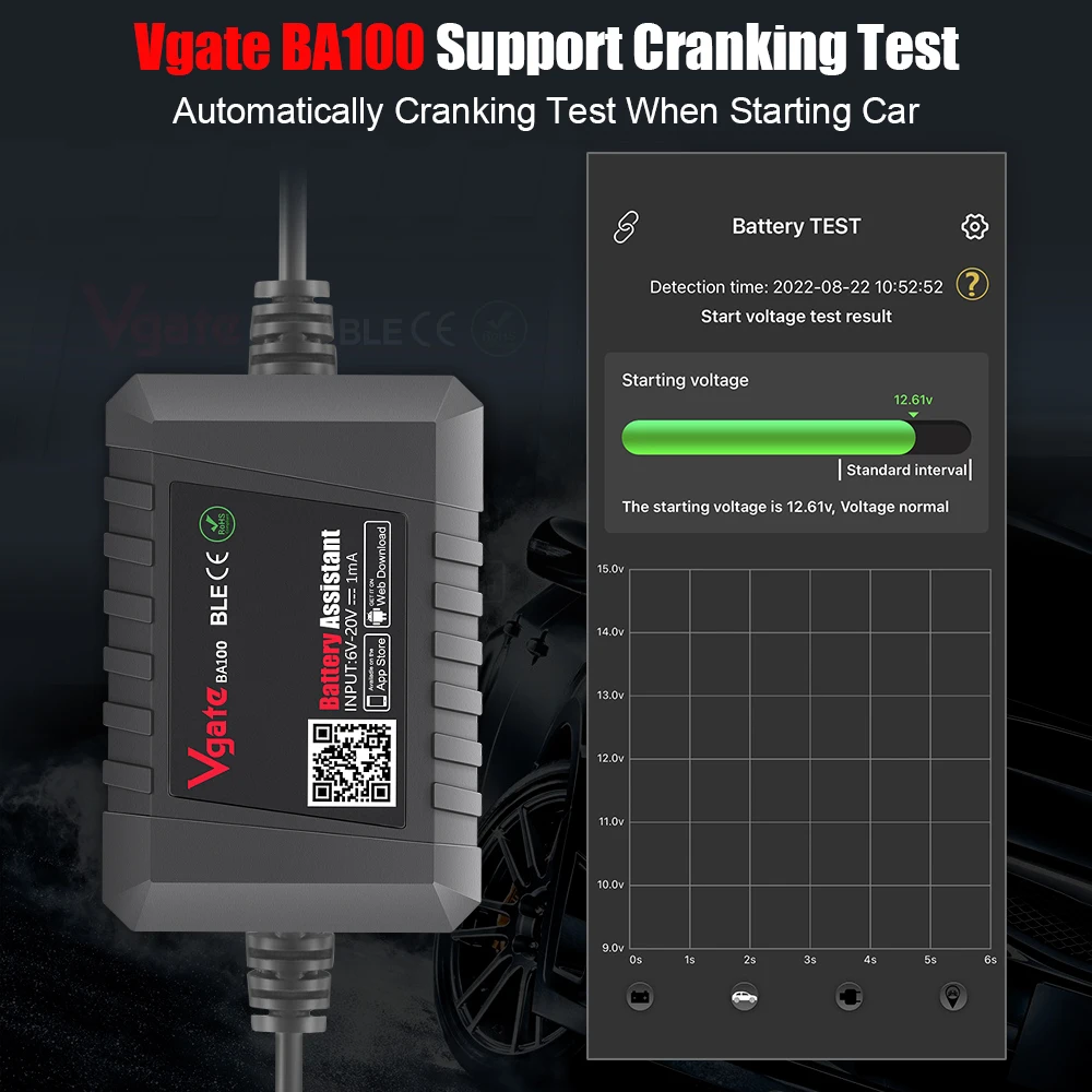 2023 Newest Vgate BA100 Car Battery Tester 12V Monitor Bluetooth 4.0 Battery Assistant work with iOS & Android Battery helper