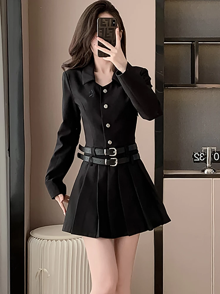 2024 Black Long Sleeve Polo Collar Shirt Dress Women Fashion Pleated A-Line Dress Spring Autumn Elegant Bodycon Bandage Dresses