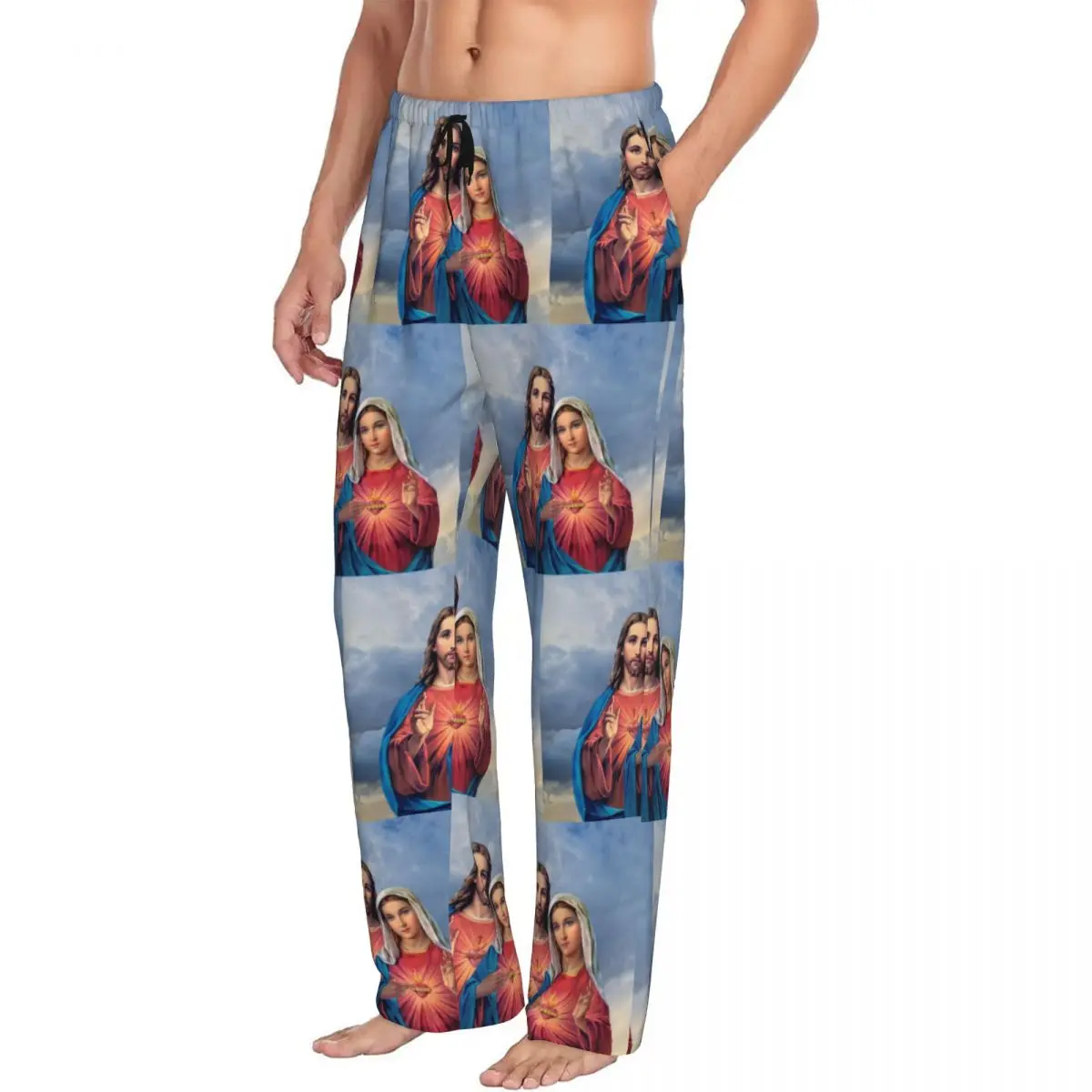 Custom Men's Sacred And Immaculate Hearts Pajama Pants Print Catholic Jesus and Mary Sleep Sleepwear Bottoms with Pockets