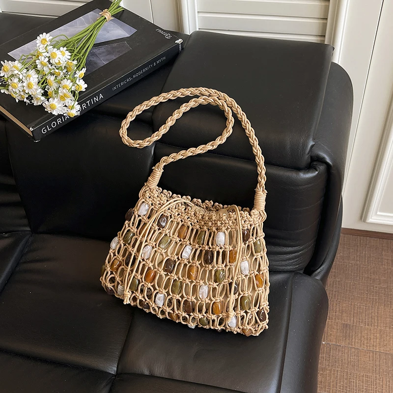 

2026 Summer Boho Beaded Crochet Mesh Tote Bag Handmade Woven Hollow Out Bag Bohemian Beach Travel Large Capacity Straw Handbag