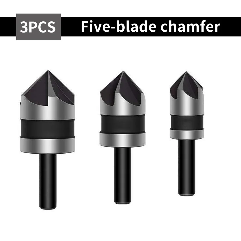 

12/16/19mm Five Blade Round Shank Countersink Drill Bit 3pcs 90°Carbon Steel Drill Bit For Woodworking Metal Chamfer Cutter Set