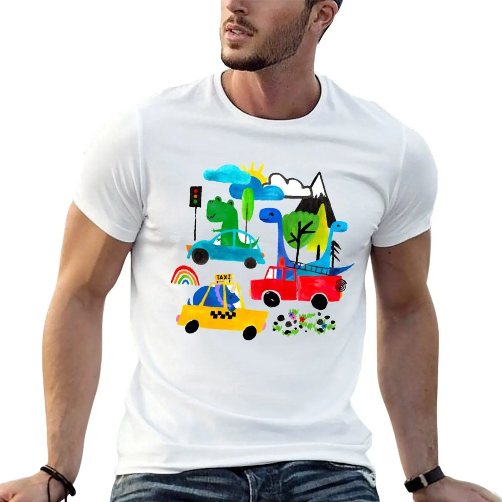 Dinosaur City Watercolor Transportation Pattern T-Shirt funny t shirts dark humor t shirts designer T-Shirt