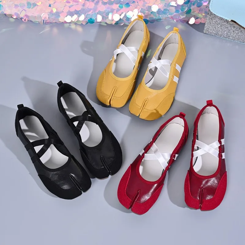 Sapatilhas Tabi Femininas de Couro Macio com Bico Dividido, Confortáveis para Caminhada, Loafers Casuais e Sapatos de Dança para Meninas, Primavera Outono