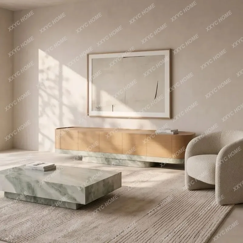 XXModern simple curved marble TV cabinet wooden locker floor-to-ceiling log color storage cabinet