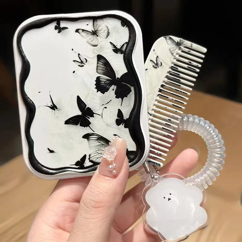 Inchiostro farfalla Flip-Top specchio per il trucco pieghevole specchio tascabile portatile specchio per il trucco cosmetico rettangolare da donna con pettine