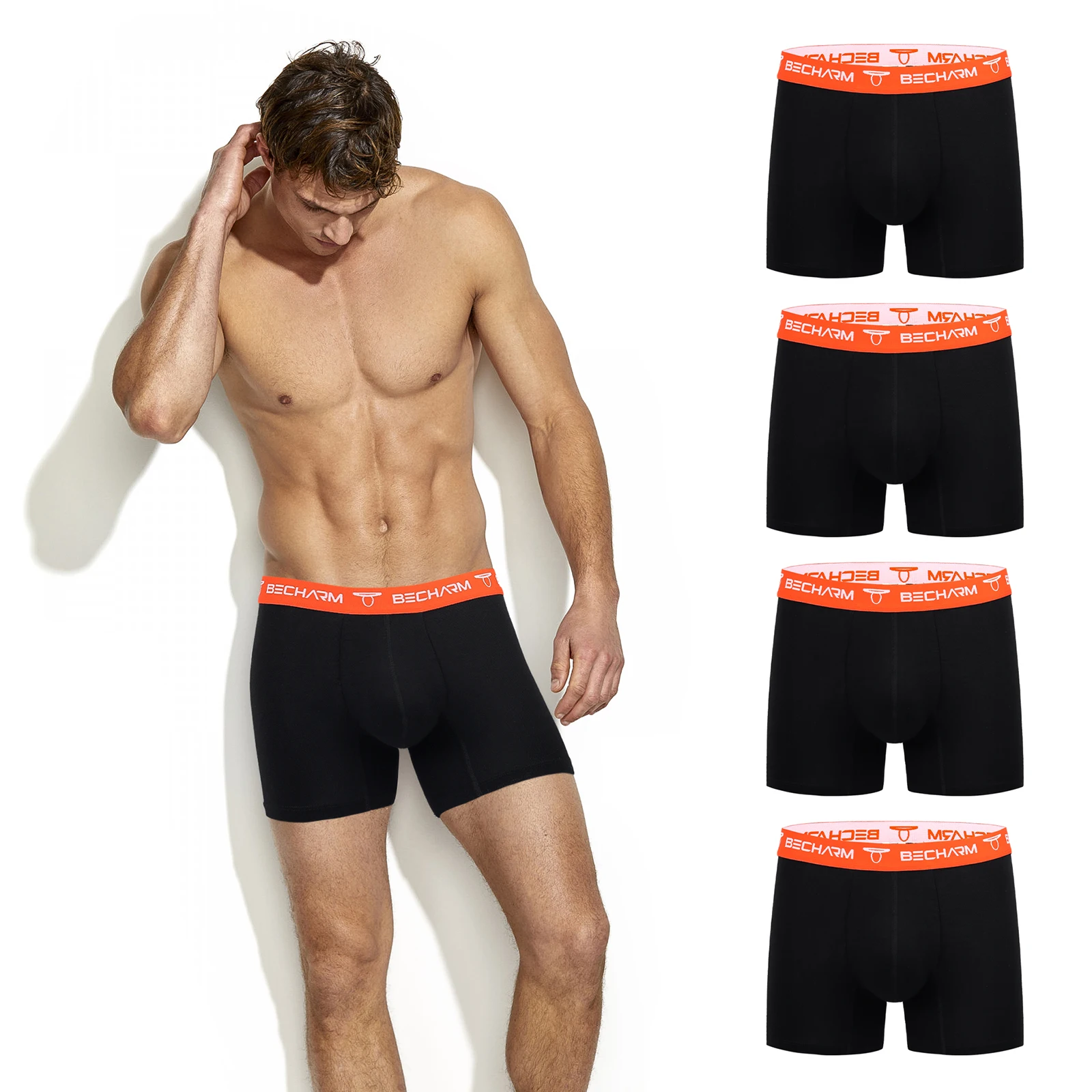 Mens Cotton Underwear Orange Waistband Men Boxer Briefs Breathable Comfortable Boxer