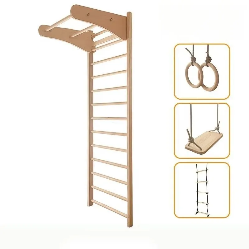 Classic Adjustable Fitness Climbing Frame Friendly Swedish Wooden Ladder Pull-Up with Wooden Gymnastics Horizontal Bar