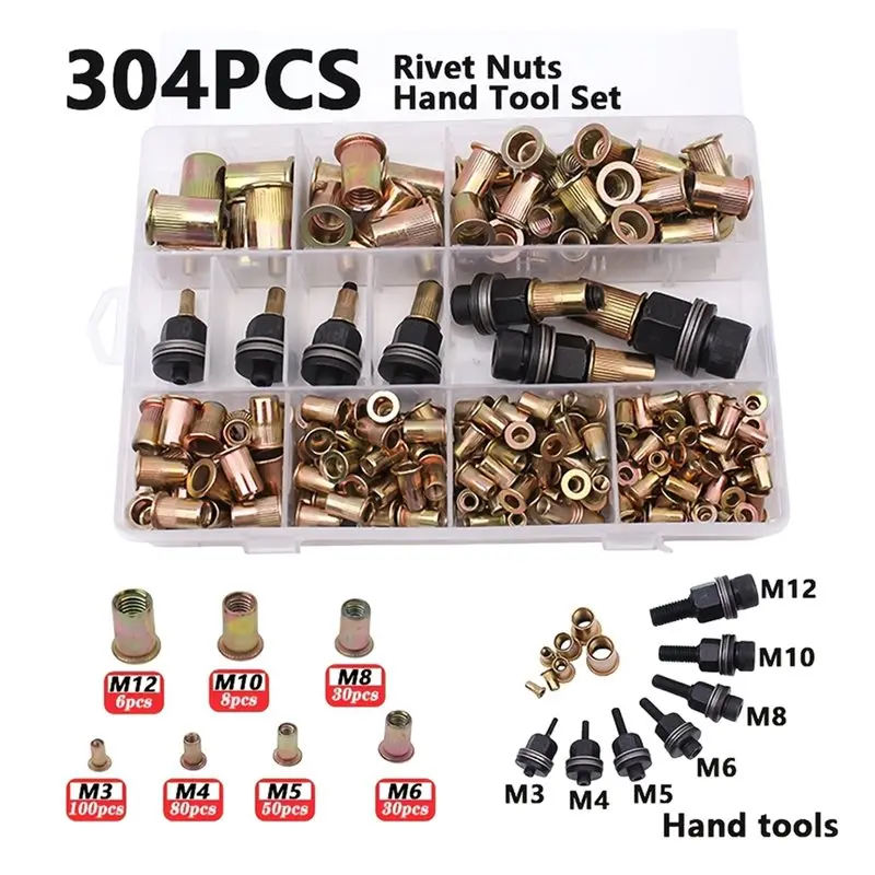[ABFI!】 Rivet Nut And Manual Tool Set(304Pcs), Metric Assortment(M3-) For Furniture, Decor, Automotive, Marine Applications