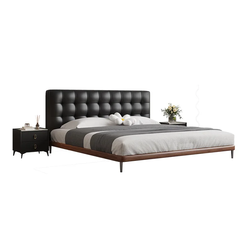 

Leather bed, modern, minimalist, black, waffle, leather bed, small apartment, soft bag, retro, double