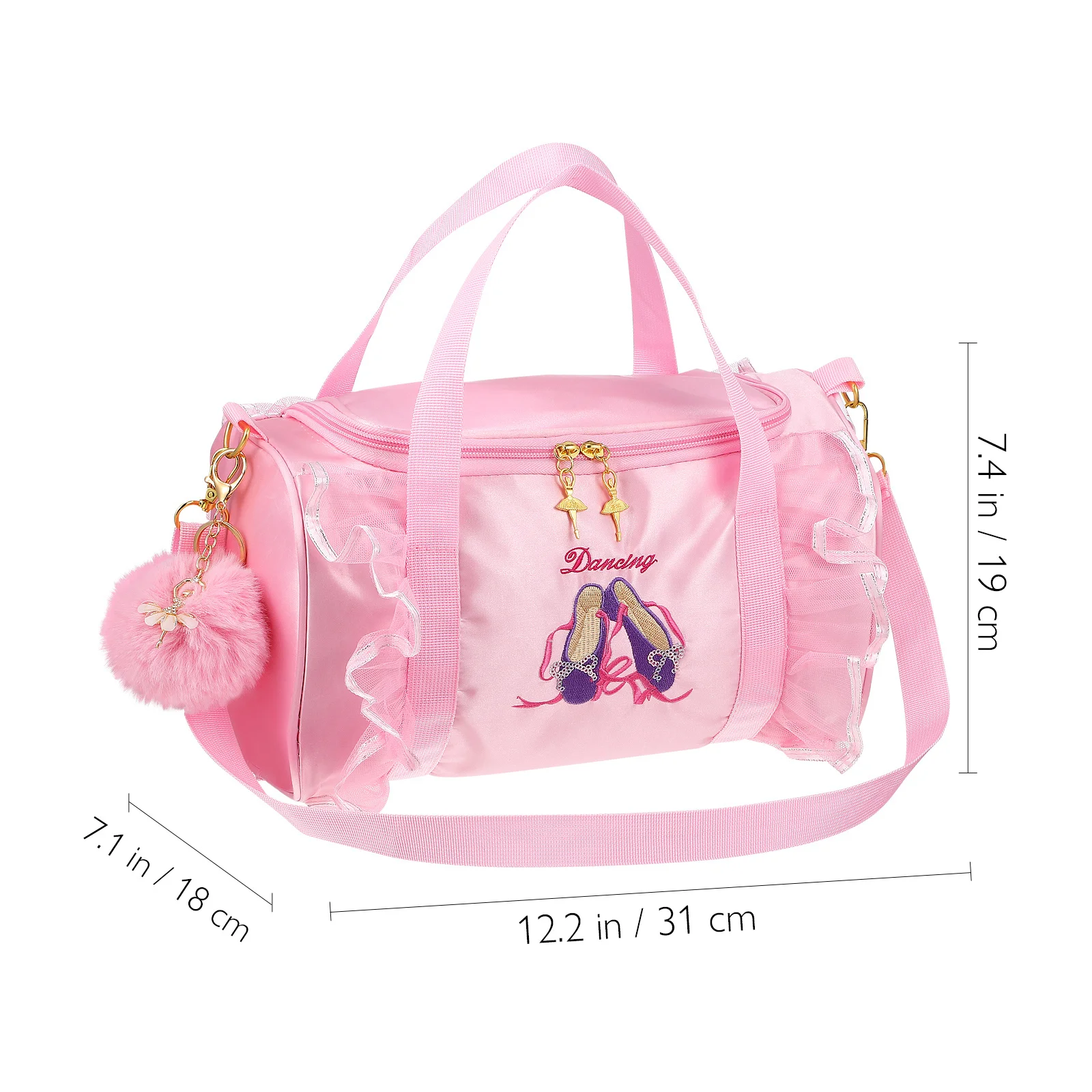 

Dance Bag Pink Ballet Shoes Mesh Lace Gym Tote Shoulder Bag Large Capacity Zipper Ballet Class Practice Keychain Pompom
