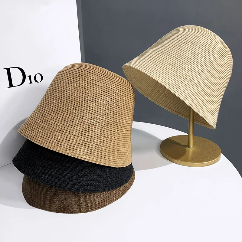 Ladies Summer All-match Shade Straw Hat Holiday Cool Hat Seaside Beach Fisherman Hat Foldable Japanese Bell-shaped Pot Hat Femal