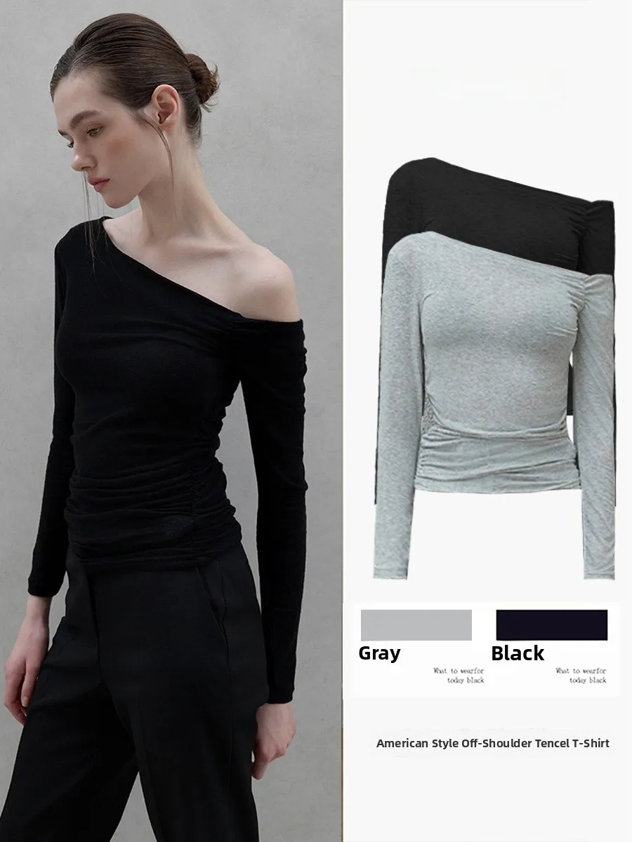 

Асимметричный трикотажный топ American Sle для женщин, весна-осень, новинка, с открытыми плечами, длинный рукав, облегающий базовый топ