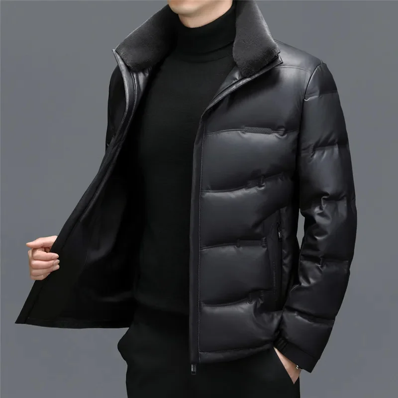 ZDT-8053 Winter Men\'s Sheepskin Down Coat With Plush And Thickened Short Wool Standing Collar Casual Genuine Leather