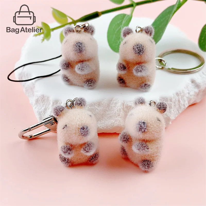 Cute 3DCapybara Flocked Keychain Pendant Cartoon Animal Plush Cell Phone Chain Camera Bag Charm Accessories Couple Gift