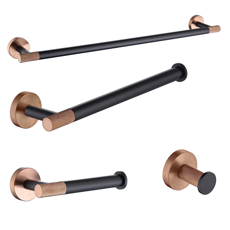 Stainless Steel 4-PCS Rose Gold Black Wall Mounted Single Bar Towel Rack Towel Bar Bath Towel Coat Hook Toilet Paper Holder