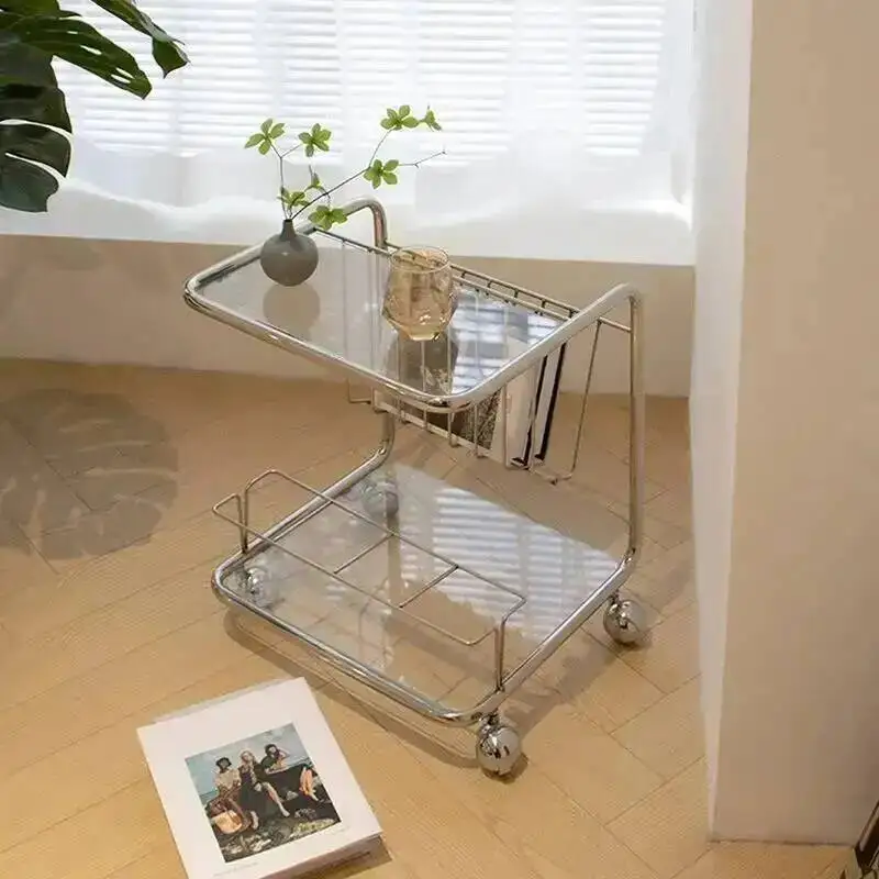Vintage Nordic Steel Stainless Storage Trolley Rack, Ins Glass Magazine Stand, Coffee Table Side Table for Living Room Furniture