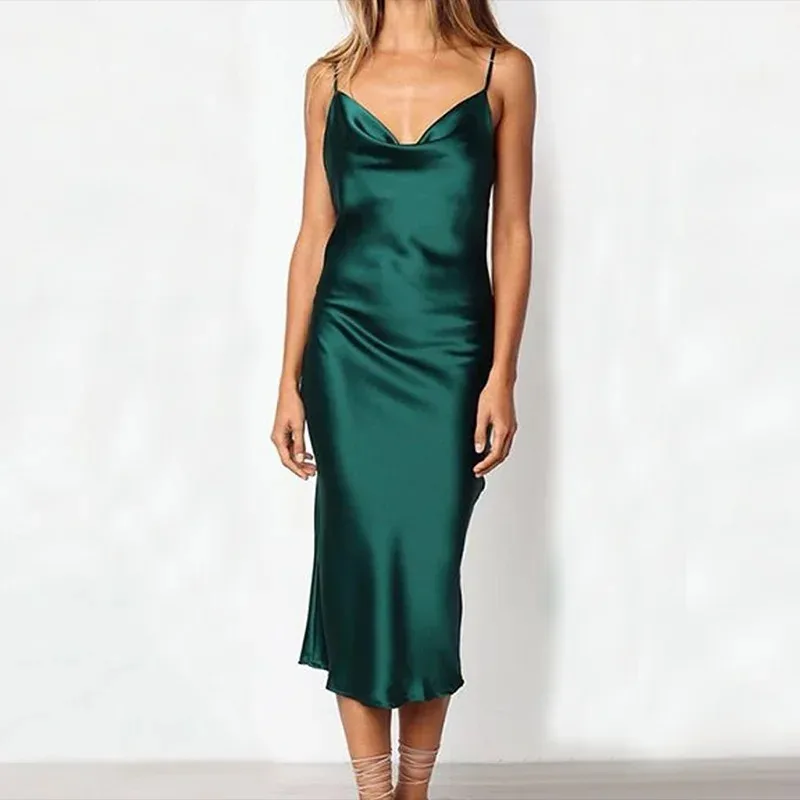 فستان نسائي بحمالات من الساتان مكشوف الظهر ، فستان سهرة متوسط الطول أخضر أنيق ، نادي حفلات مثير ، الصيف ، من من الخارج ، من الخارج #2