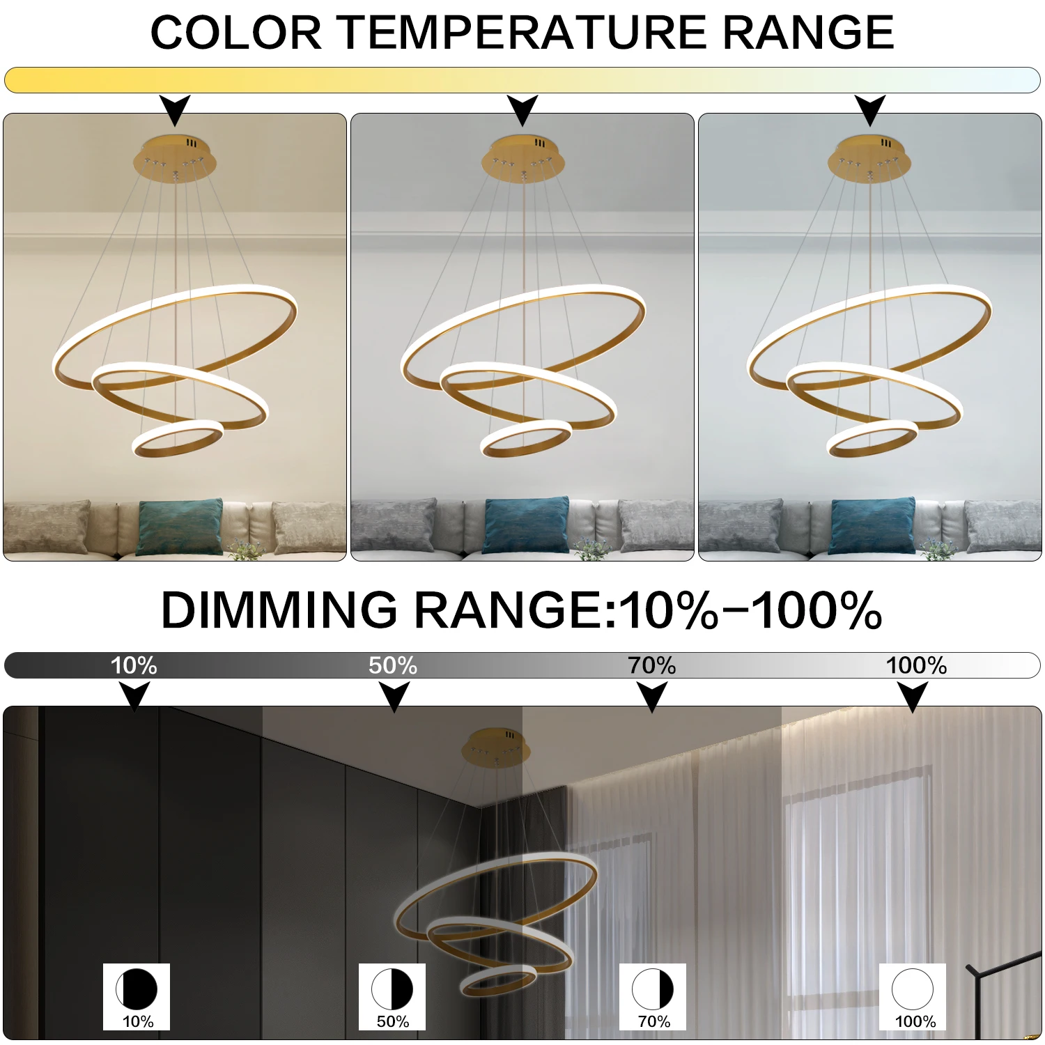 Modern LED Chandelier for High Ceiling, Dimmable 3-Ring Gold Pendant Light with Remote Flush Mount Ceiling Light for Living Room