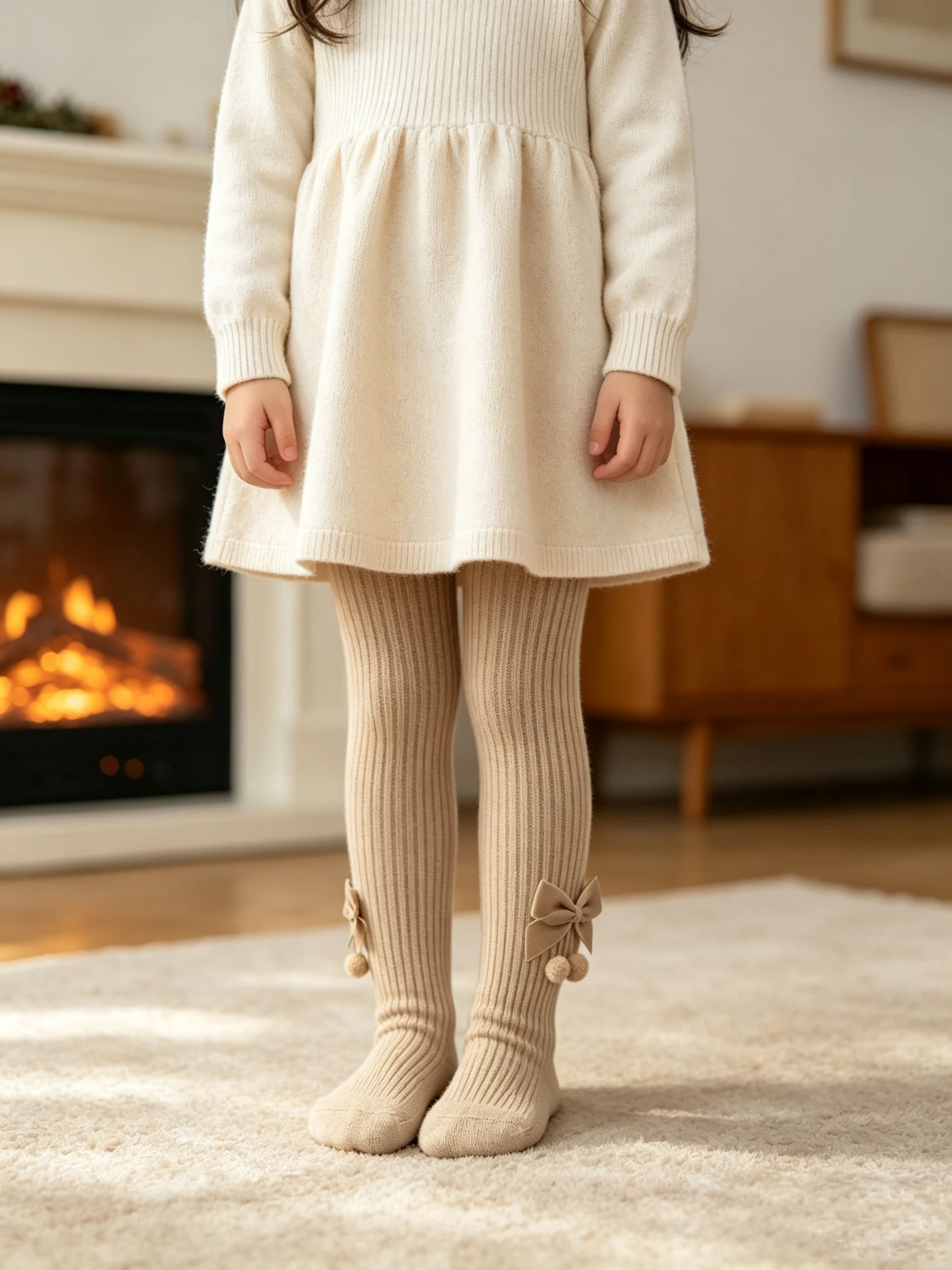 1/3Pcs Girls Bow Decor Tights Vintage Solid Knit Kids Pantyhose, Sweet Princess Style Children Leggings for Daily Autumn Outfits