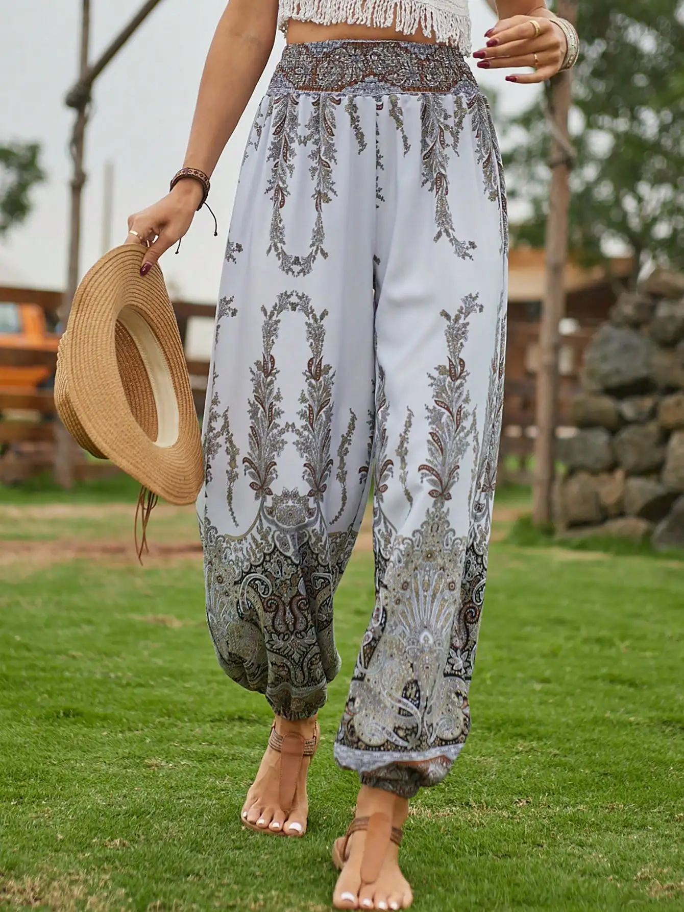 Women Boho Paisley Print Harem Pants, High Waist Elastic Waistband Loose Fit Jogger Trousers, Casual Vacation Beach Long Pants