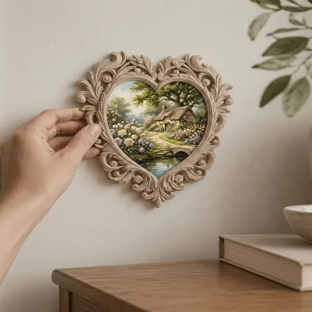 3D Printed Vintage Picture Frame Heart Shape Carved Flower Baroque Photo Frame Wall-mounted Hollow Out Wall Decoration