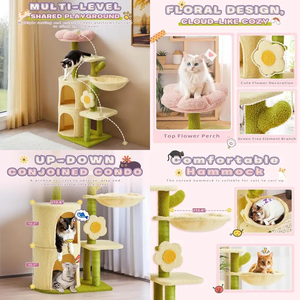 

38.2 Indoor Cat Tree with Multi-Level Platforms, Cozy Flower Top, Condos, Hammock, and Scratching Post